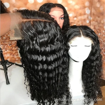 5x5 Lace Closure Human Hair Wig Unit 100% Human Hair Lace Wigs Deep Curly 180% 210% Density Natural Black Color